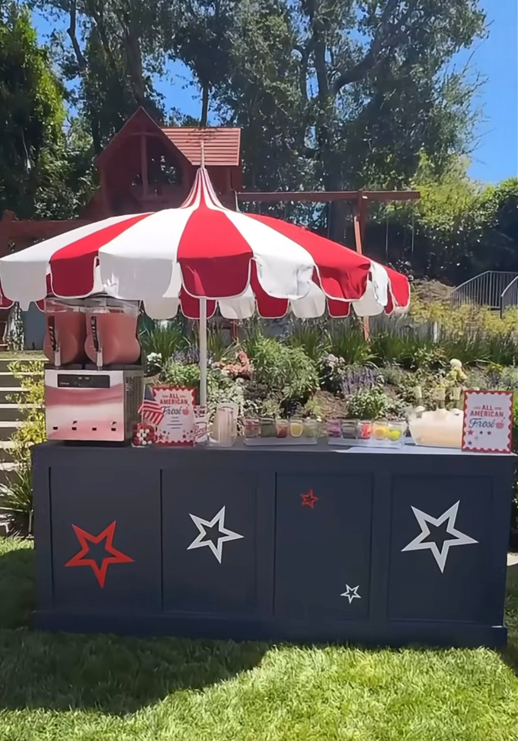 Large Red & White Umbrella With Base