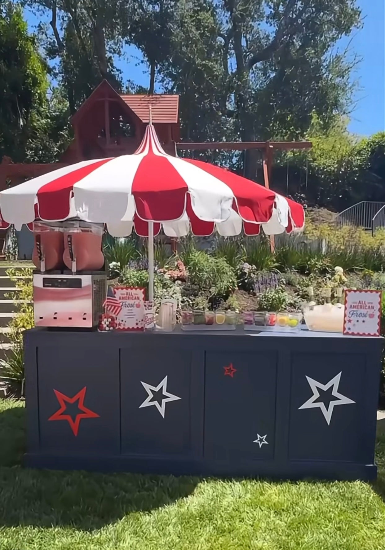 Large Red & White Umbrella With Base