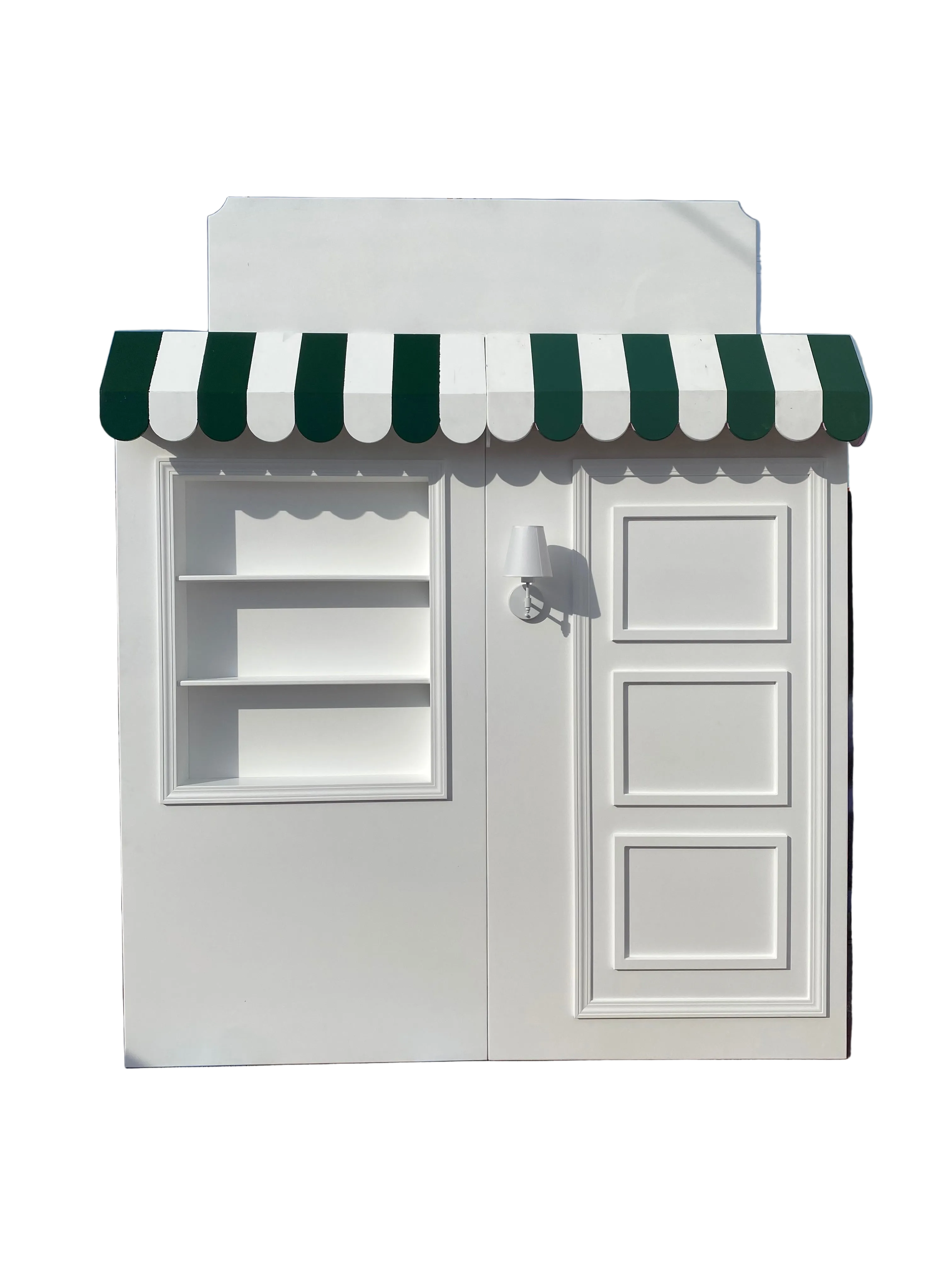 White Store Front With Custom Signage & Interchangeable Color Awning
