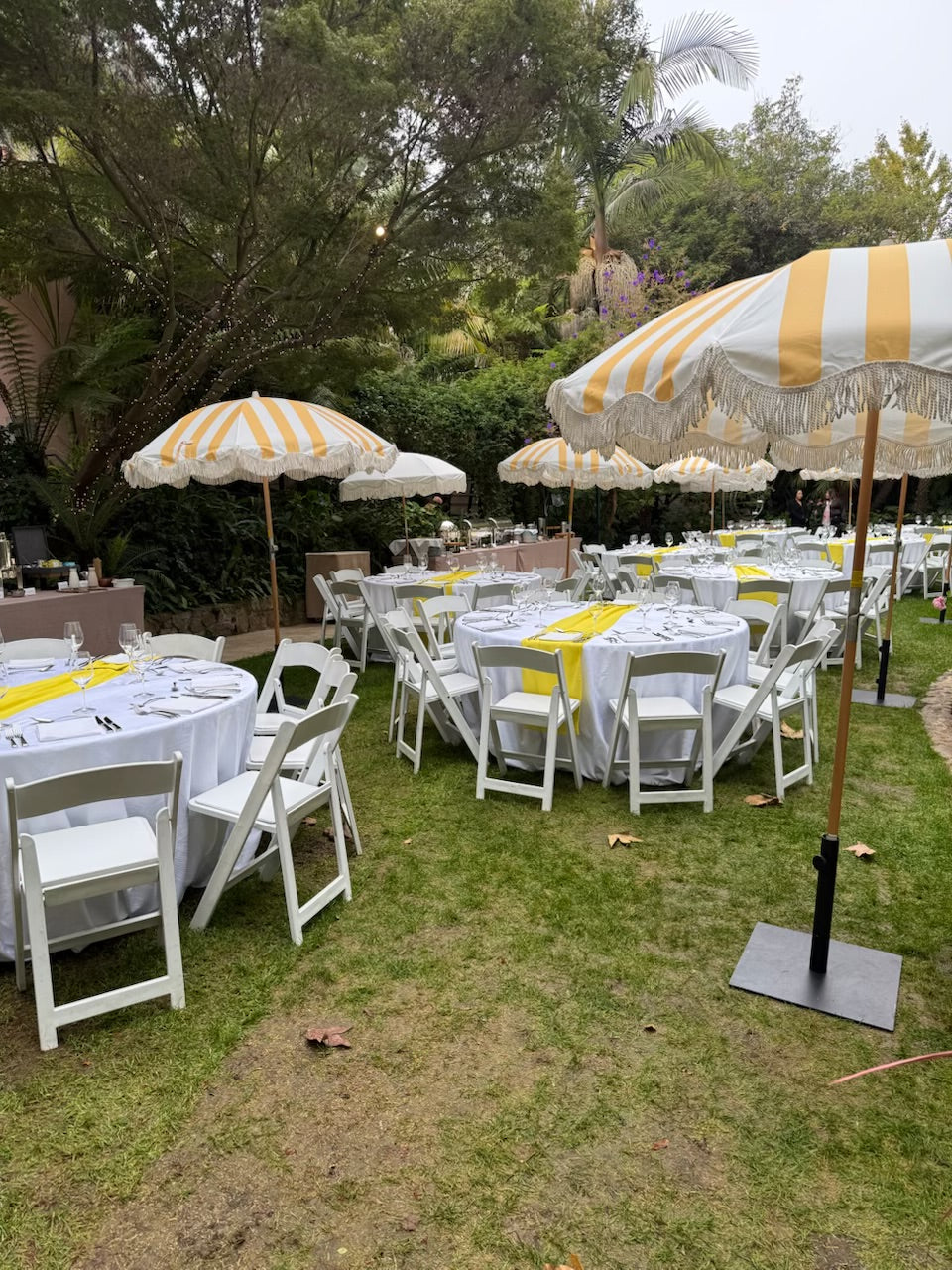 Yellow & White Striped Umbrella & White Fringe With Base