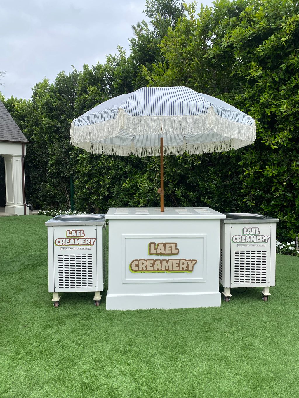 Navy Blue & White Striped Umbrella & White Fringe With Base