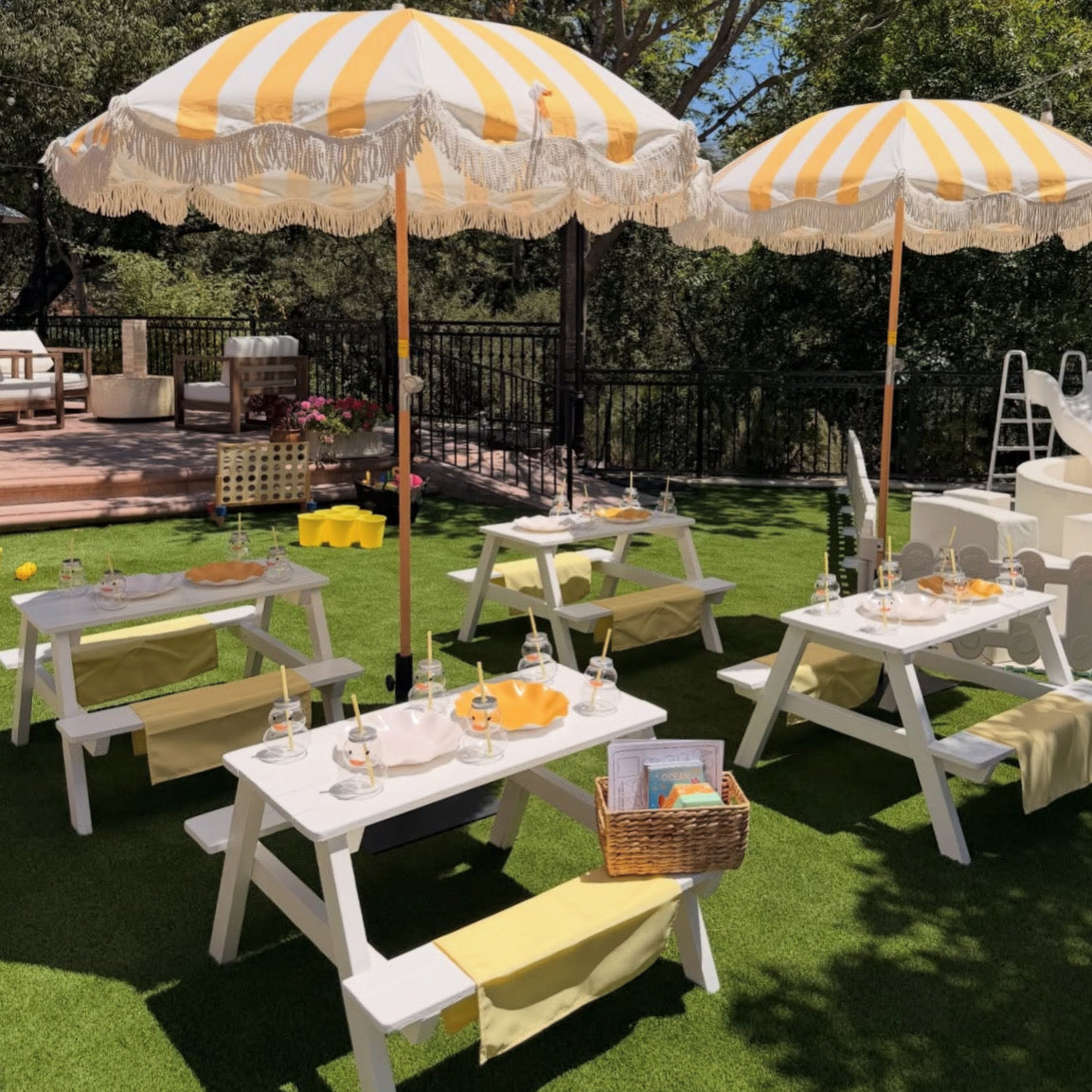 Yellow & White Striped Umbrella & White Fringe With Base