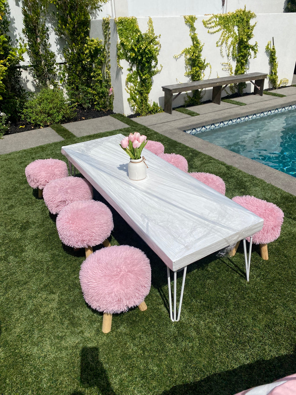 Kids Faux Light Pink Fur-Covered Stool