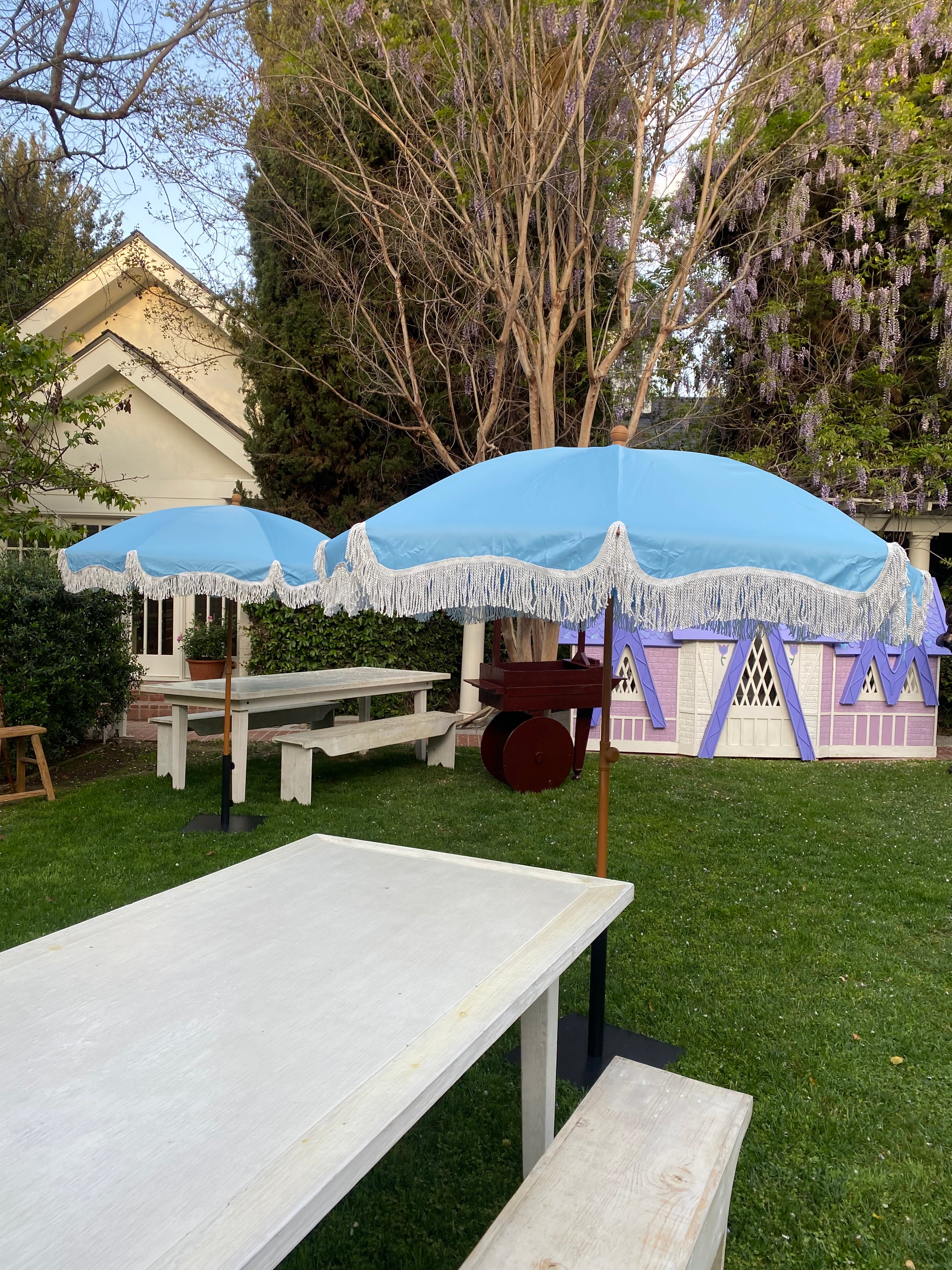 Light Blue Umbrella & White Fringe With Base