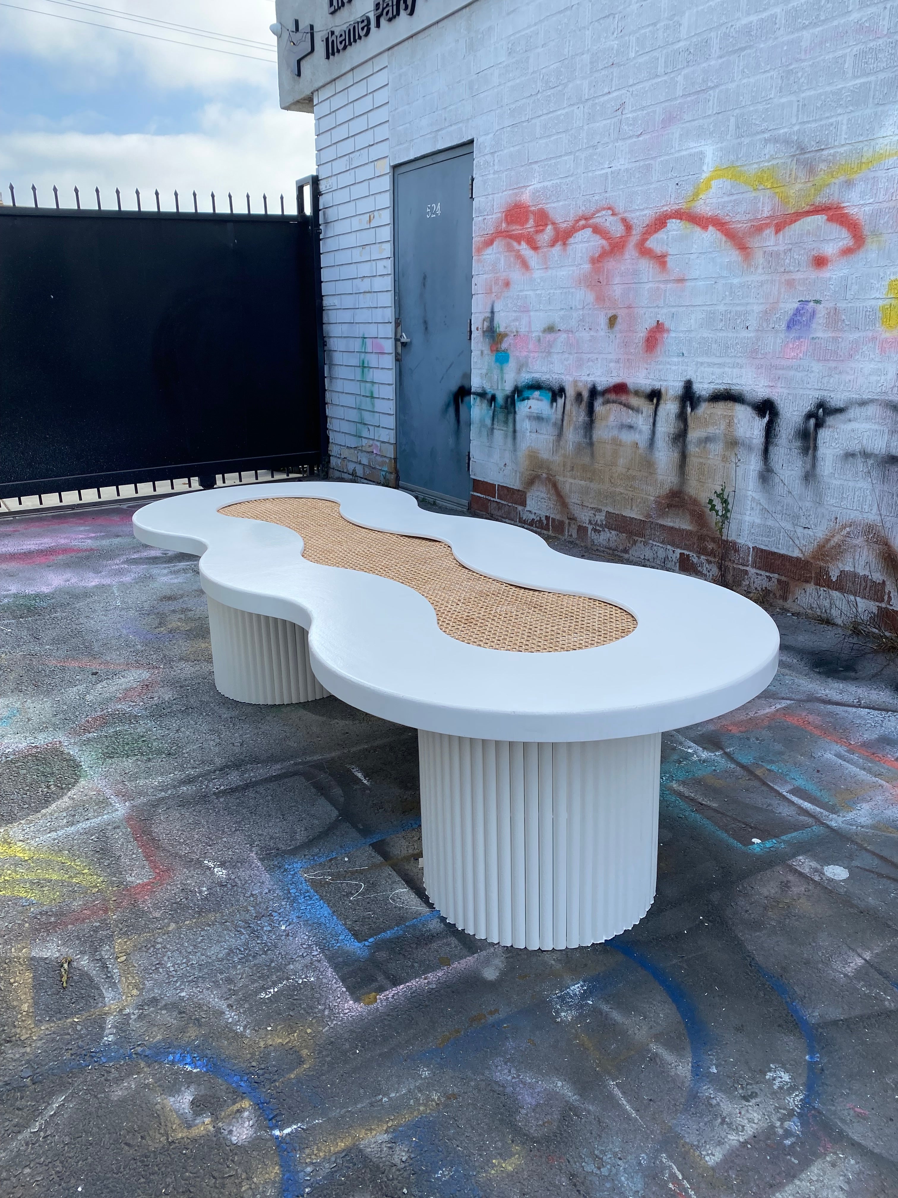 Kids White Rattan Wavy Table