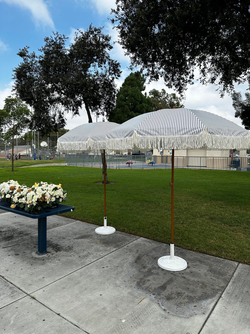 Navy Blue & White Striped Umbrella & White Fringe With Base