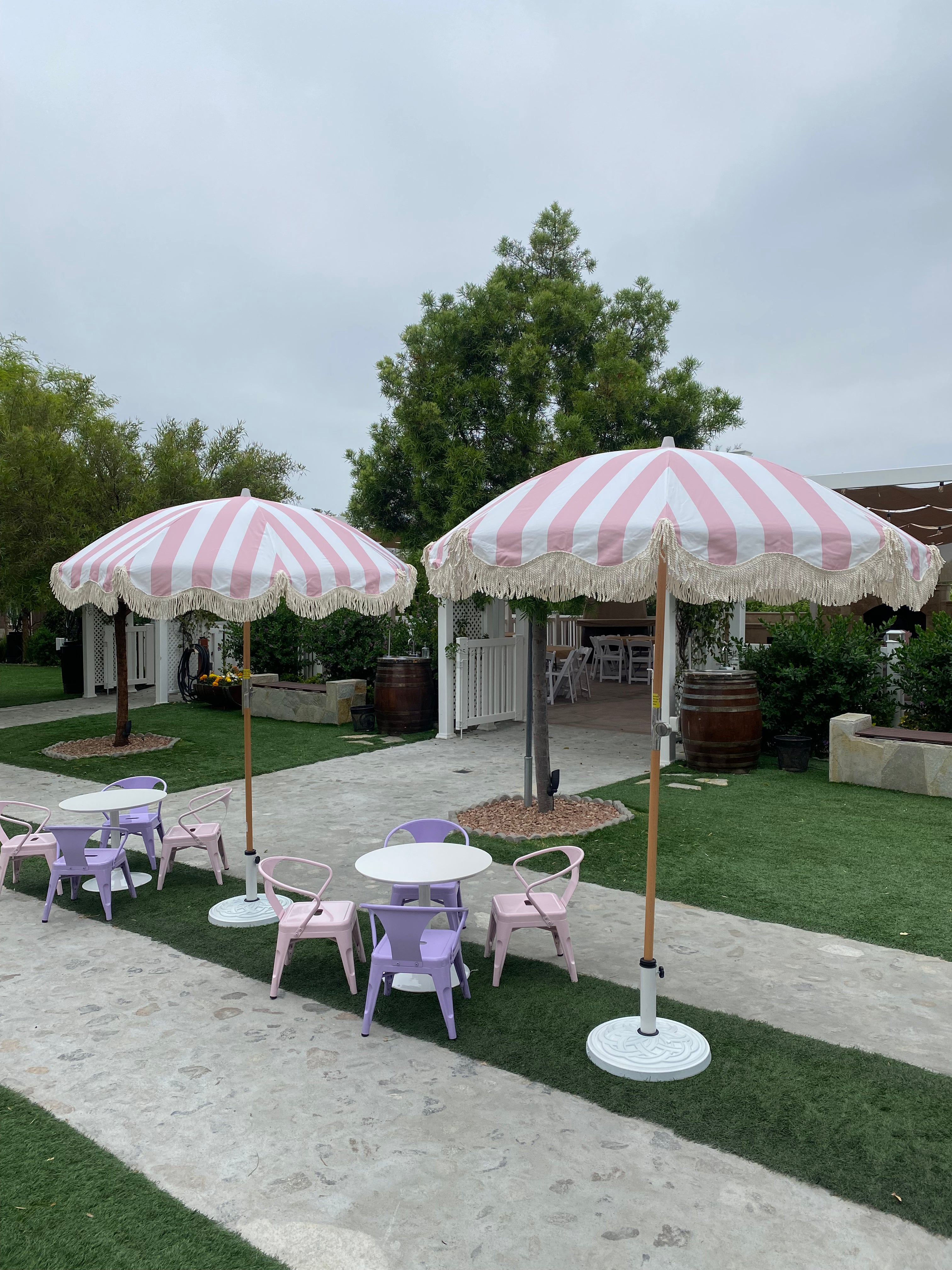 light pink patio umbrella Light Pink & White Striped Umbrella & White Fringe With Base – Platinum Prop House, Inc