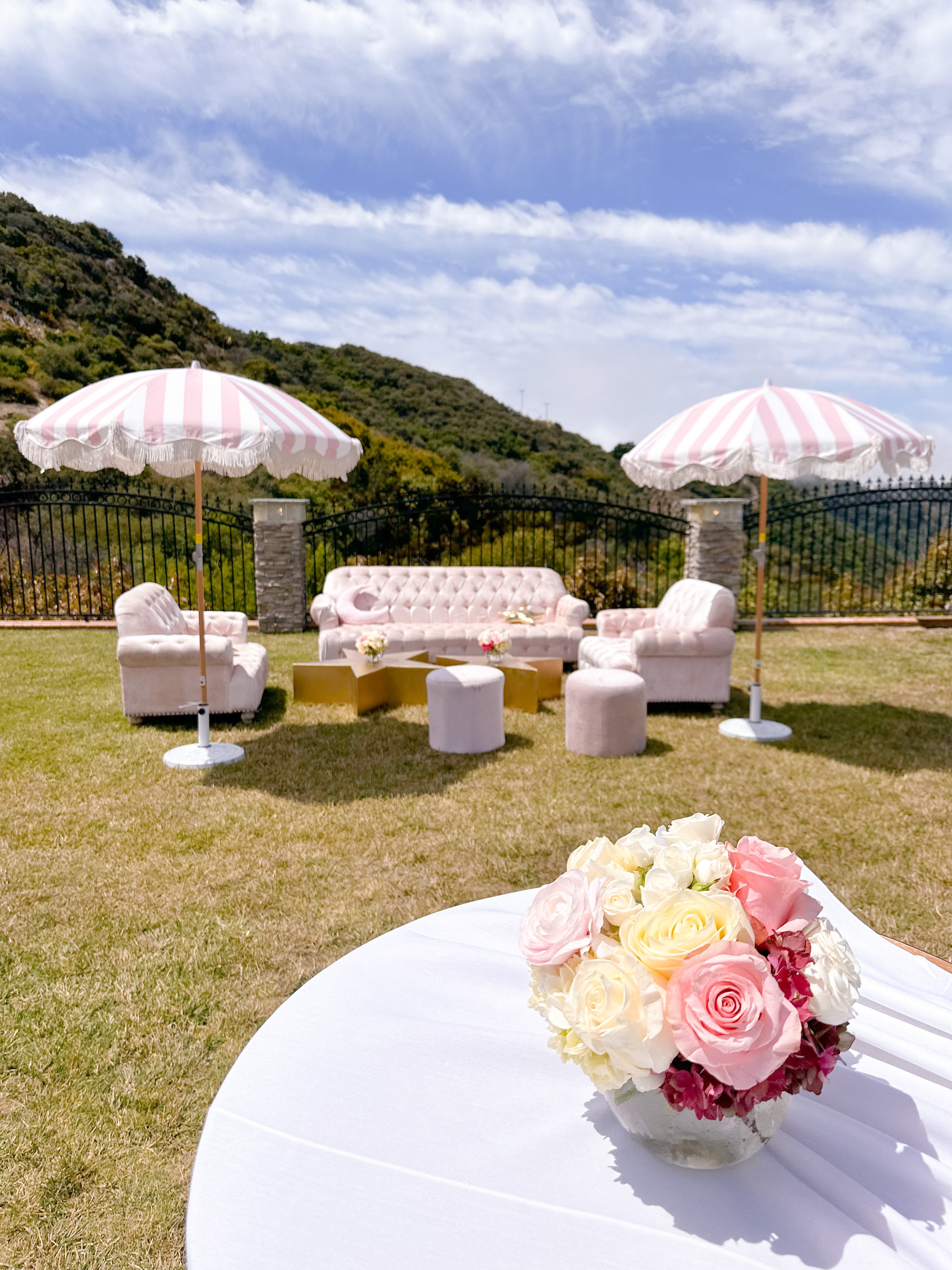 Light Pink & White Striped Umbrella & White Fringe With Base