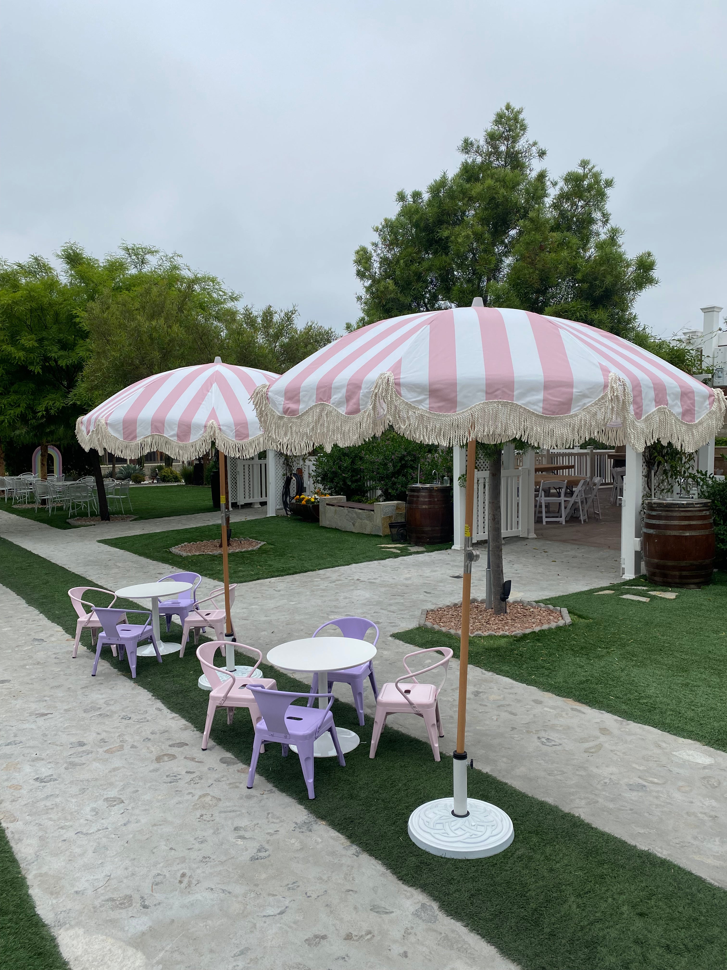 Light Pink & White Striped Umbrella & White Fringe With Base
