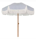 Navy Blue & White Striped Umbrella & White Fringe With Base