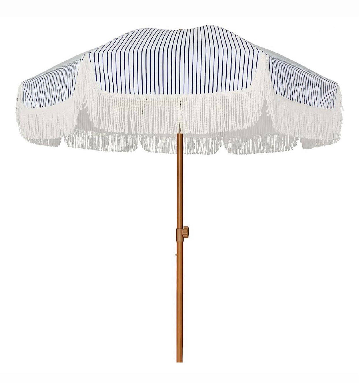 Navy Blue & White Striped Umbrella & White Fringe With Base