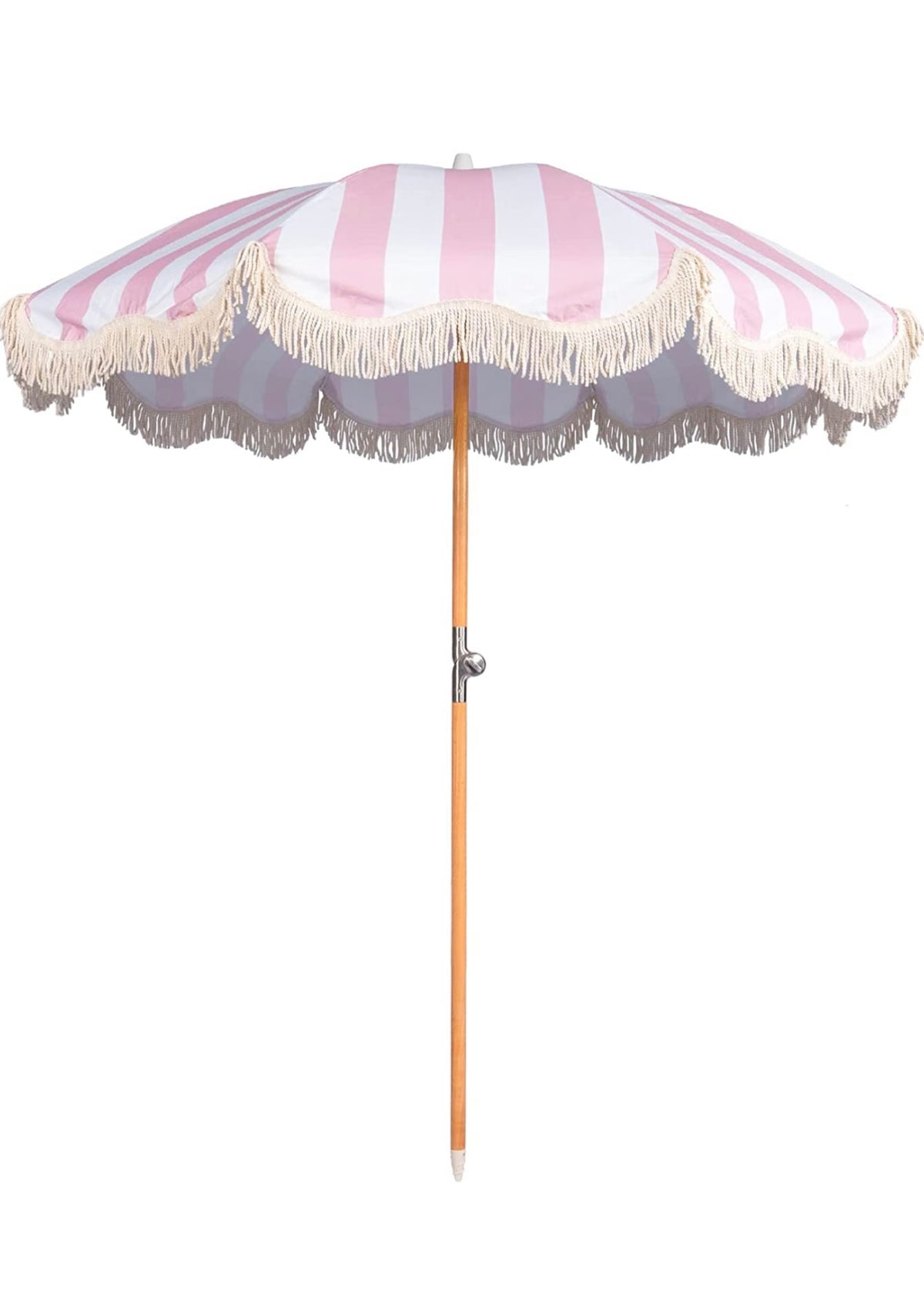 Light Pink & White Striped Umbrella & White Fringe With Base