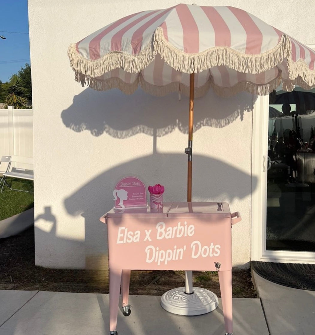 Light Pink & White Striped Umbrella & White Fringe With Base