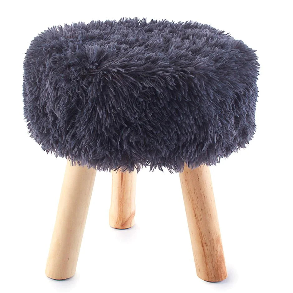 Kids Faux Black Fur-Covered Stool